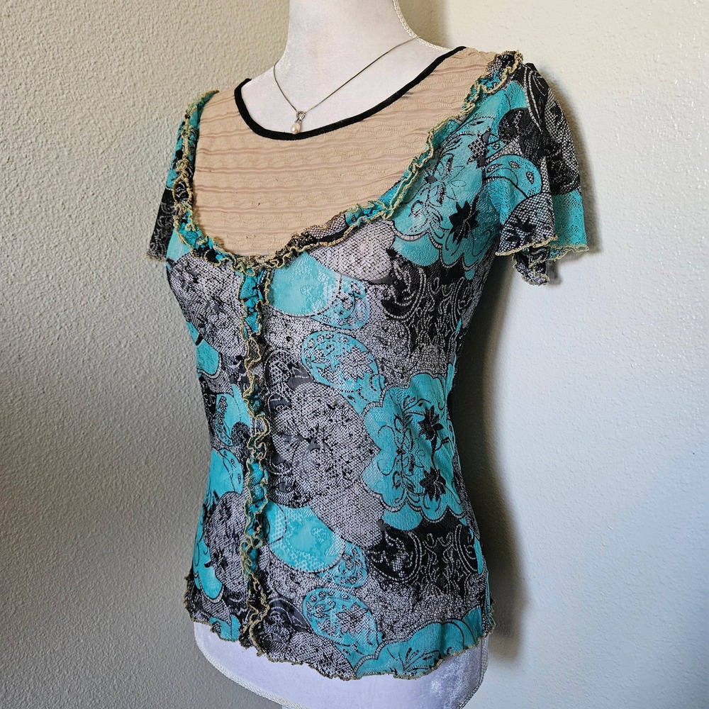 Vintage Y2K Teal Floral Lace Lettuce Trim Mesh Layered Short Sleeve Top